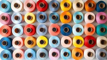 many different colored spools of thread are arranged in a row photo