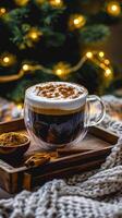 Cozy winter scene with frothy turmeric latte, cinnamon, and warm lighting photo