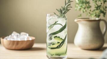 Refreshing sparkling water with fresh cucumber and herb garnish for a summer beverage photo