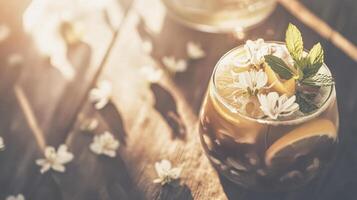 Refreshing elderflower lemonade with mint and lemon slices in sunlit setting photo