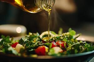 Fresh vegetable salad with olive oil drizzle in a bowl photo