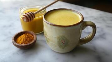 Warm golden turmeric milk with honey on marble surface photo