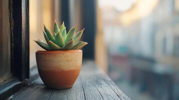Succulent in terracotta pot on wooden sill by window with soft blurred background photo