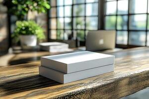 Clean box mockup on a sleek table surrounded by contemporary office elements in a well-lit workspace. photo