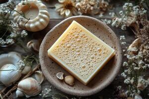 Natural soap bar with dried herbs and shell, top view photo