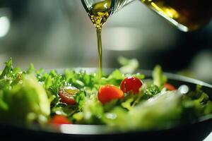 Fresh salad with cherry tomatoes drizzled with olive oil in a bowl photo