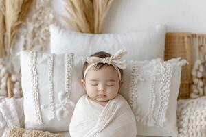 Swaddled baby girl sleeps peacefully surrounded by soft cushions and neutral decor in a serene nursery environment. photo