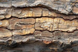Detailed close-up of weathered tree bark texture with cracks and layers photo