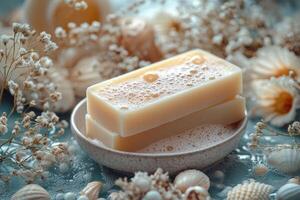 Organic handmade soap bars with flowers and shells in soft light photo