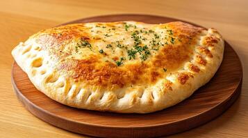Delicious calzone with golden crust and aromatic herbs on a wooden platter. photo