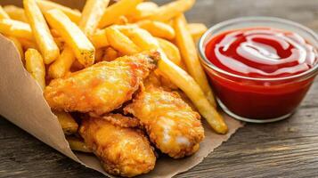 Crispy chicken wings served with golden fries and tangy ketchup on a wooden table. photo