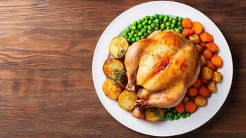 A delicious roasted chicken served with colorful vegetables on a wooden table. photo