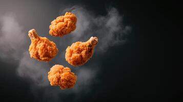 Crispy fried chicken pieces floating in smoky air, ready to be enjoyed. photo