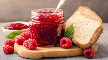 A jar of raspberry jam with fresh raspberries and bread on a wooden board. photo
