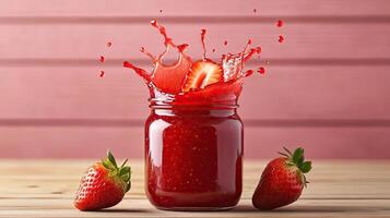 Fresh strawberry jam splashes from a glass jar surrounded by ripe strawberries. photo