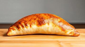 Golden-brown calzone resting on a wooden surface, perfect for culinary delights. photo