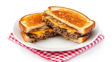 Delicious grilled cheese sandwich with juicy beef and melted cheddar cheese. photo
