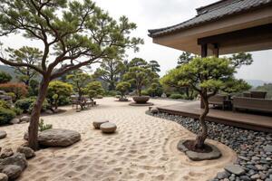 Tranquil Japanese Zen Garden with Bonsai Trees photo