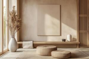 A room with a wooden bench and a vase photo