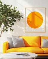 A yellow sofa in front of a white wall photo