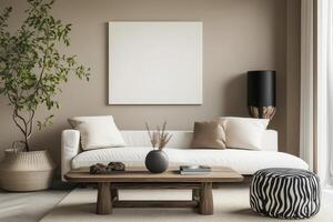 A modern living room with a white couch and a plant photo