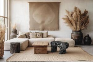 A living room with a rug, a couch and a table photo