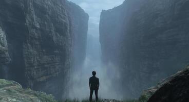 A man standing in the middle of a canyon photo