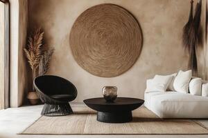 A living room with a large round wall hanging photo