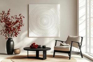 A large white wall art hanging above a white couch photo