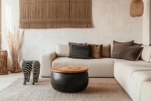 A living room with a couch, a coffee table and a zebra rug photo