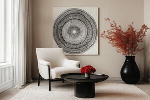 A living room with a white chair and a black table photo