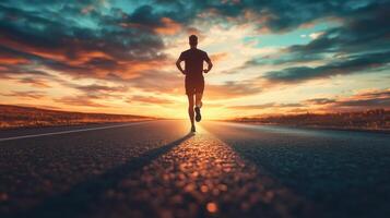 A man running on the road at sunset photo
