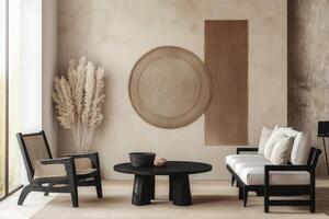A living room with a round rug and chairs photo