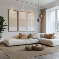 Modern living room with white furniture and large picture frames photo