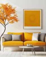 A modern living room with orange furniture and a tree photo