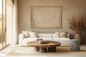 A living room with a white couch and a large painting photo