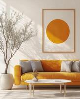 A modern living room with a yellow couch and a large orange framed picture photo