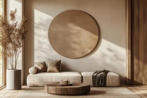 A living room with a round wooden table and a couch photo