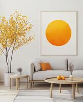 A modern living room with a large orange sun photo