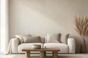 A living room with a white couch and a wooden table photo