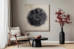 A large abstract painting hangs above a chair in a living room photo