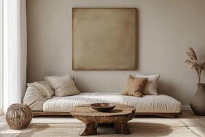 A living room with a wooden table and a large painting photo