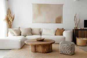 A white living room with a wooden table and a rug photo