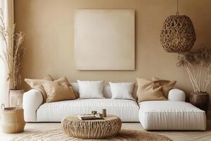 A living room with a white couch and a rug photo