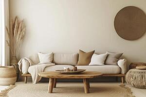 A living room with a wooden table and a rug photo