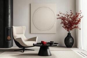 A modern living room with a fireplace and a large painting photo
