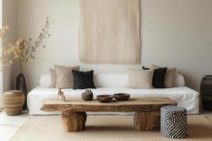 A living room with a white couch and wooden table photo