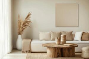 A living room with beige furniture and a large blank canvas photo