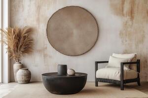 A round mirror in a room with a chair and a vase photo