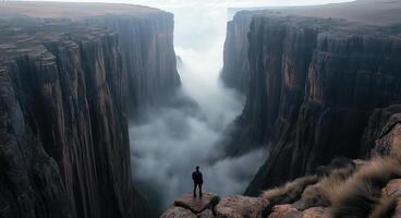 A man standing on the edge of a cliff looking down into the canyon photo
